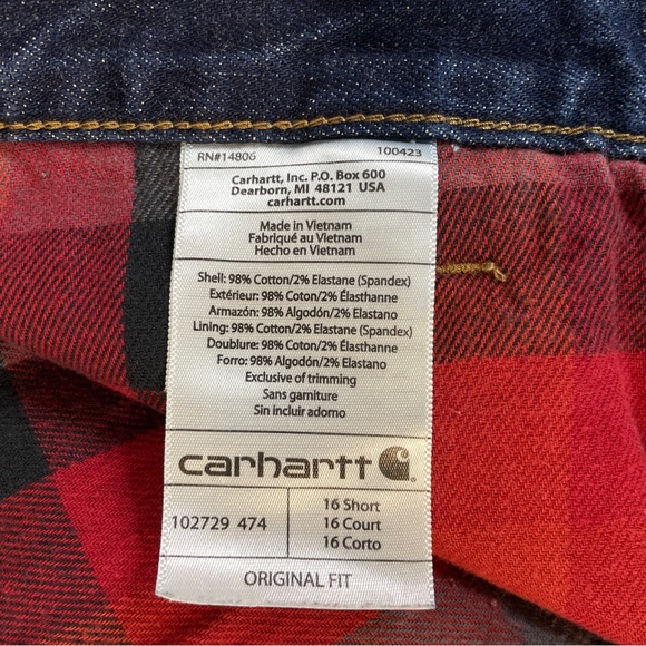 Carhartt Original Straight Fit Red Flannel Lines Jeans Blue Size 16 Short - Picture 11 of 13